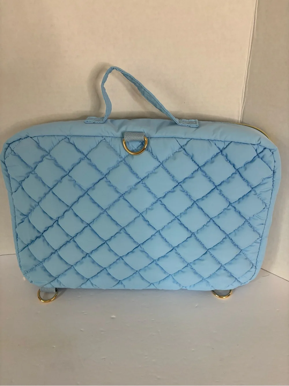 Quilted Light Blue Cosmetic Travel Case with Top Handle